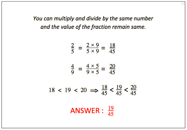 Fraction between 2 5 and 4 9 is